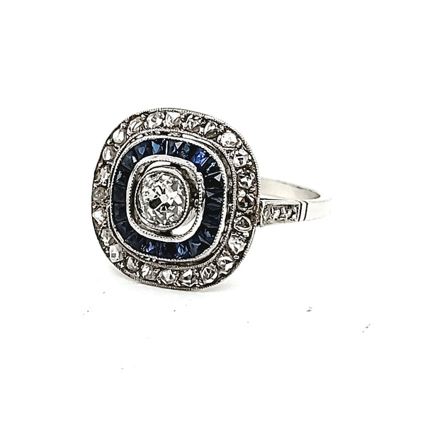 Vintage platinum diamond and sapphire ring