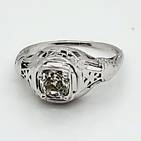Art Deco 18kt white gold filigree .53 carat mine cut diamond ring