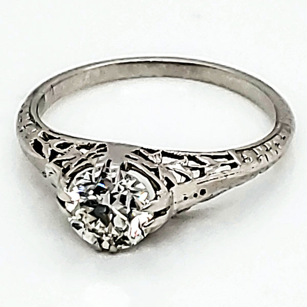 Art Deco platinum filigree .96 carat round, european cut diamond engagement ring