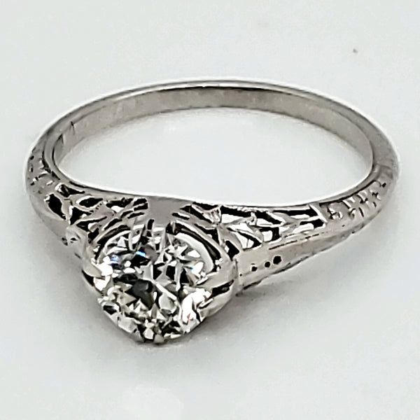 Art Deco platinum filigree .96 carat round, european cut diamond engagement ring