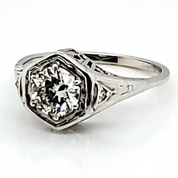 Art Deco 18k white gold filigree  .61 carat transitional cut diamond engagement ring