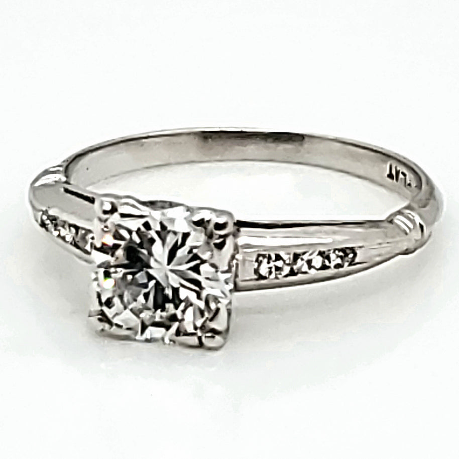 Vintage platinum .75 carat round, transitional cut diamond engagement ring