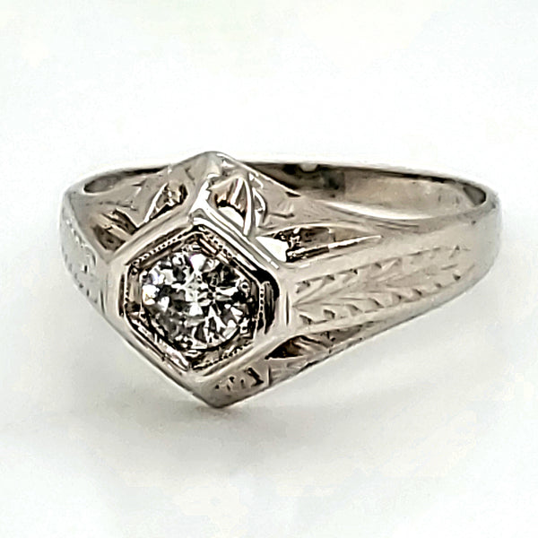 Art Deco 18kt white gold filigree .40 carat european cut diamond ring