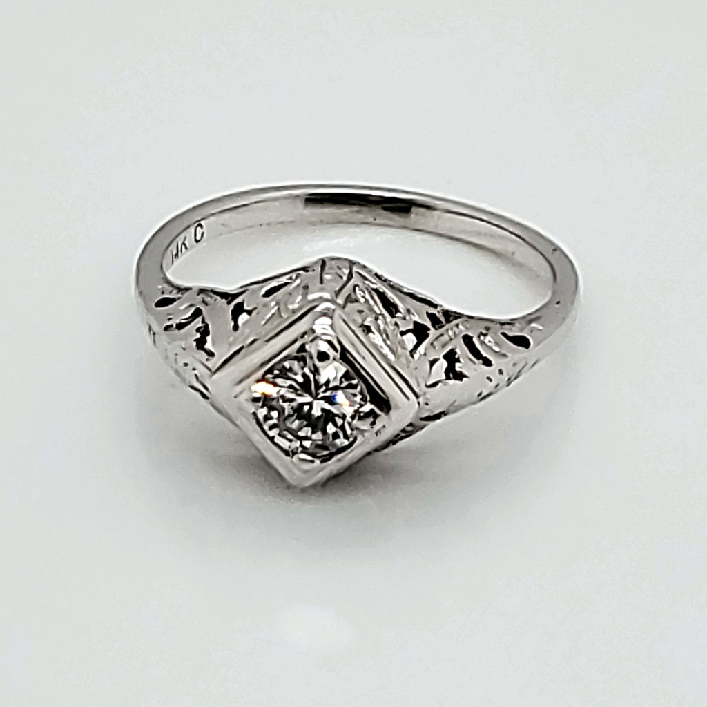 Vintage 14kt white gold .36 carat round diamond filigree engagement ring