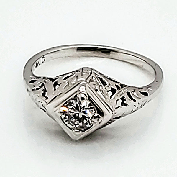 Vintage 14kt white gold .36 carat round diamond filigree engagement ring