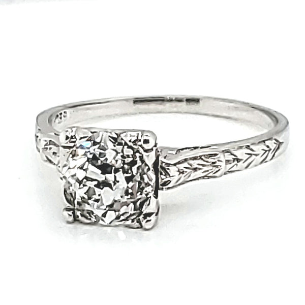 Art Deco 18kt white gold 1.20 carat round, european cut diamond solitaire engagement ring