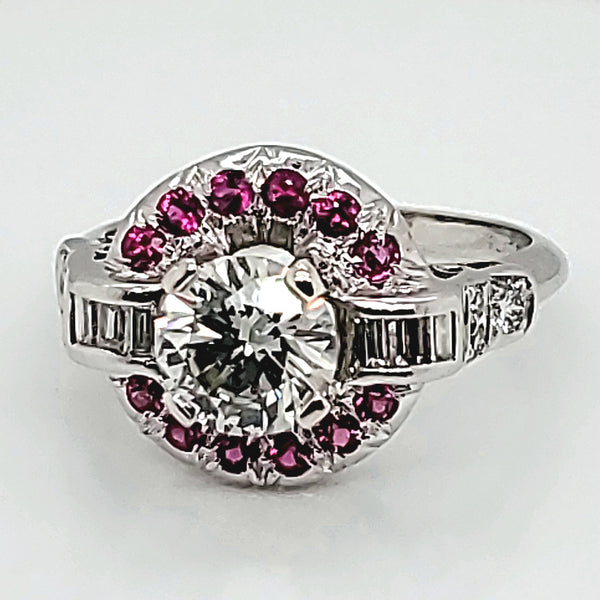 Art Deco platinum 1.42 carat diamond and ruby engagement ring