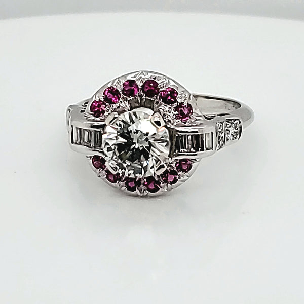 Art Deco platinum 1.42 carat diamond and ruby engagement ring