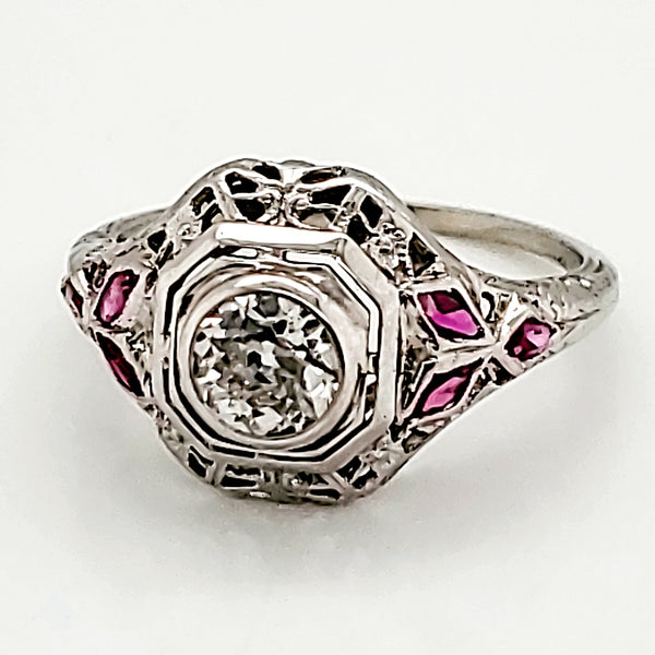 18Kt White Gold .66 Carat European Cut Diamond And Ruby Engagement Ring