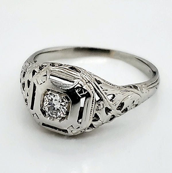 Art Deco 18Kt White Gold Filigree  European Cut Diamond Engagement Ring