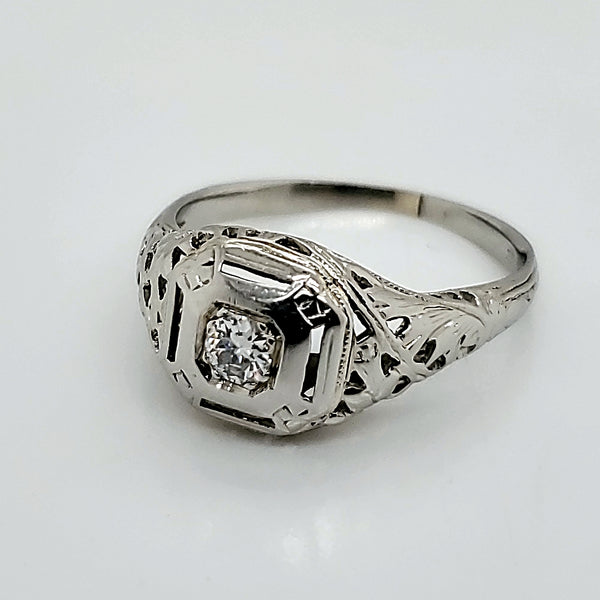 Art Deco 18Kt White Gold Filigree  European Cut Diamond Engagement Ring