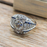 Platinum 1.79 Carat European Cut Diamond And Sapphire Filigree Ring