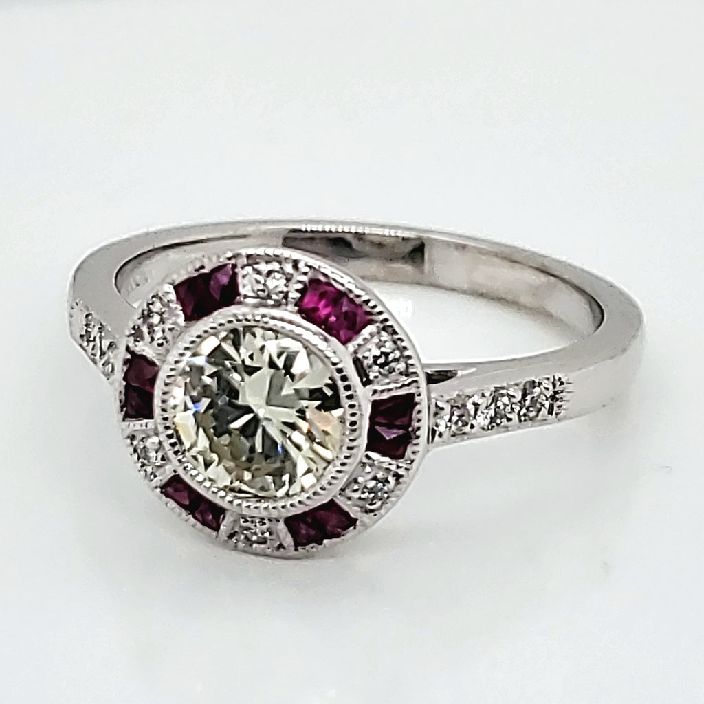 Art Deco Inspired European Cut Diamond Ring with Ruby and Diamond Halo