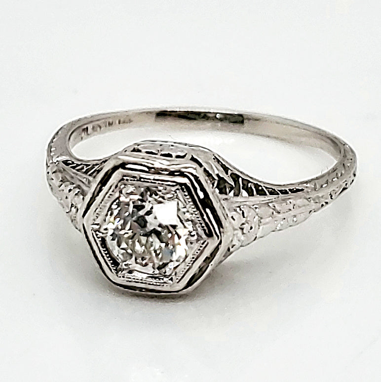 Art Deco Platinum .70 Carat European Cut Diamond Engagement Ring