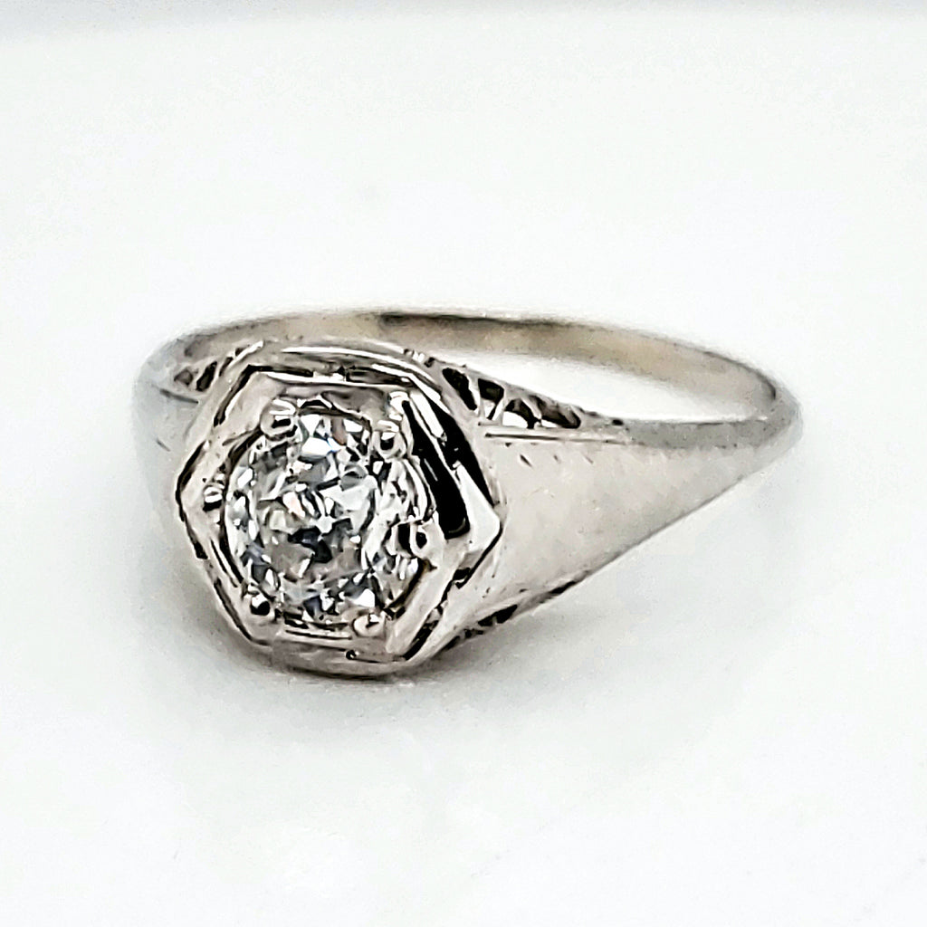 Art Deco 14kt White gold .78 Carat Mine Cut Diamond Engagement Ring
