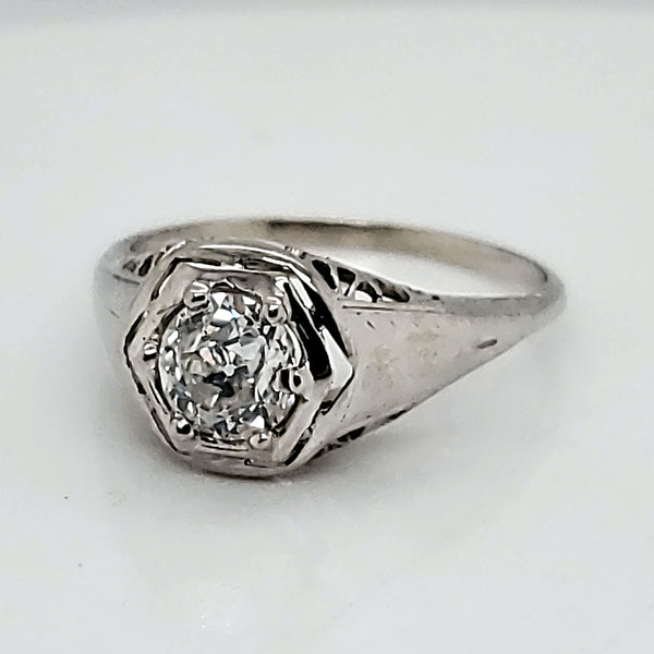 Art Deco 14kt White gold .78 Carat Mine Cut Diamond Engagement Ring