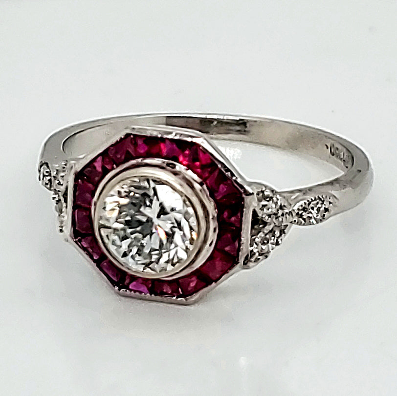 Platinum Ruby .74 Carat European Cut Diamond Ring