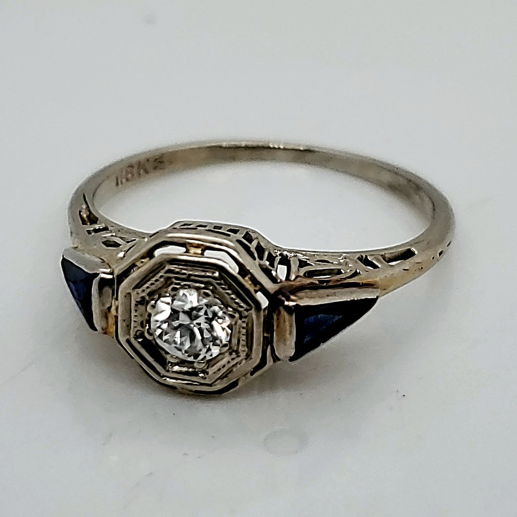 Art Deco 18kt White Gold Diamond and Sapphire Engagement Ring