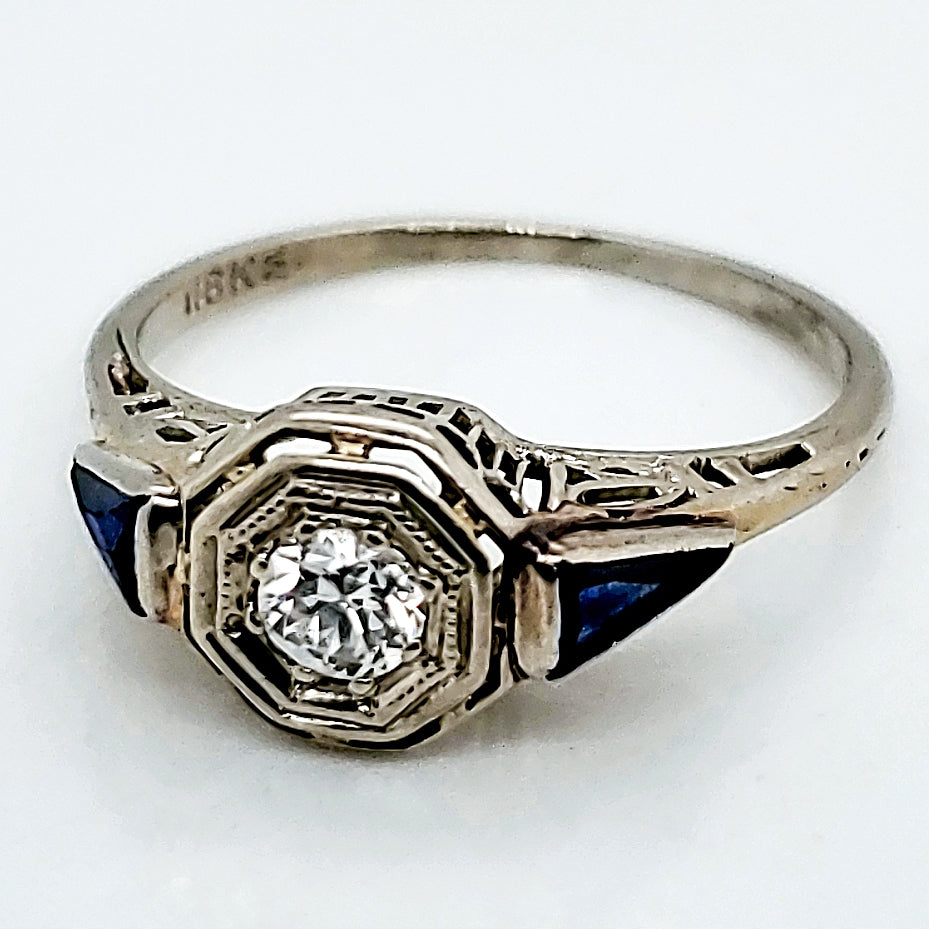 Art Deco 18kt White Gold Diamond and Sapphire Engagement Ring