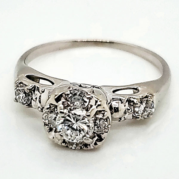 Vintage 14Kt White Gold And Diamond Engagement Ring