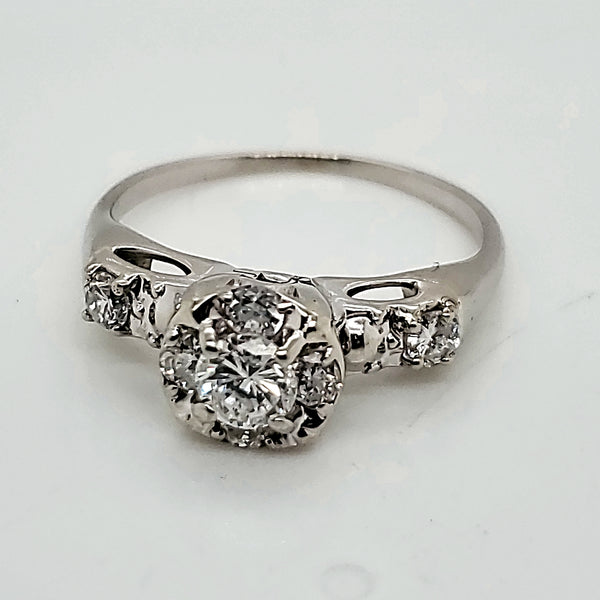 Vintage 14Kt White Gold And Diamond Engagement Ring
