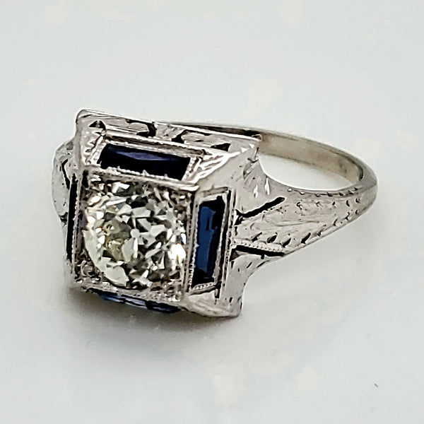 Art Deco Square Style White Gold Diamond and Sapphire Ring