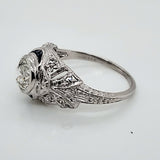 Platinum Art Deco .80 Carat European Cut Diamond Ring with Sapphires