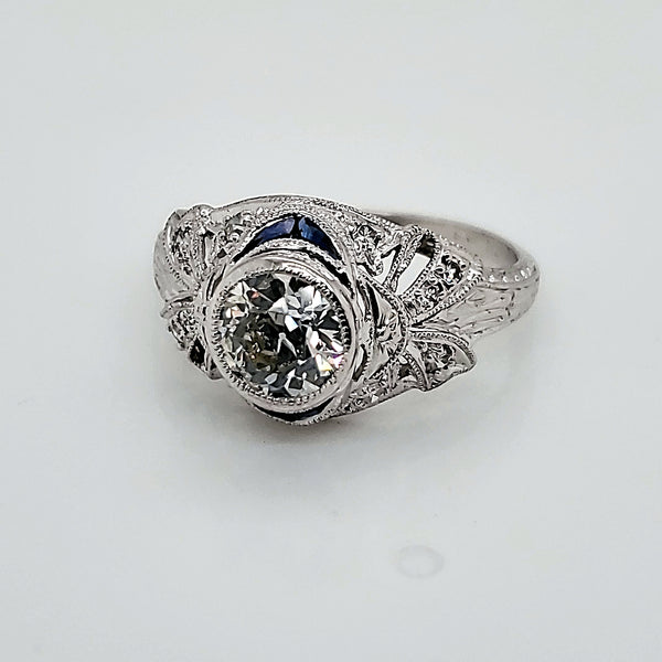 Platinum Art Deco .80 Carat European Cut Diamond Ring with Sapphires