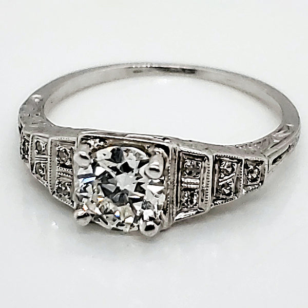 Art Deco 18Kt White Gold .75 Carat European Cut Diamond Engagement Ring