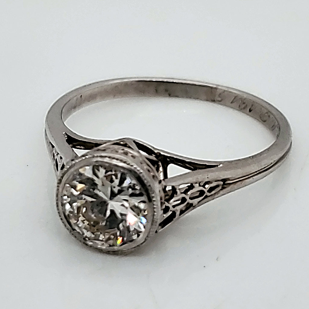 Art Deco Platinum Filigree .87 Carat European Cut Diamond Engagement Ring