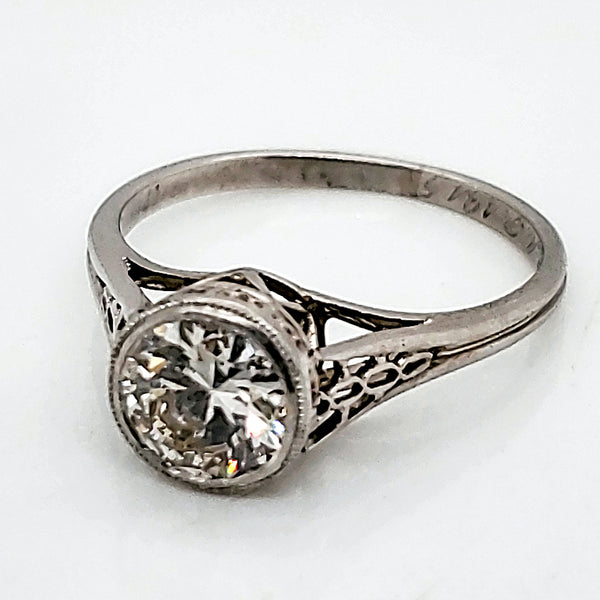 Art Deco Platinum Filigree .87 Carat European Cut Diamond Engagement Ring