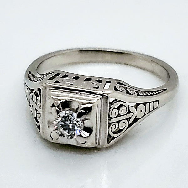 Art Deco style 14Kt White Gold .15 Carat Transitional Cut Diamond Engagement Ring