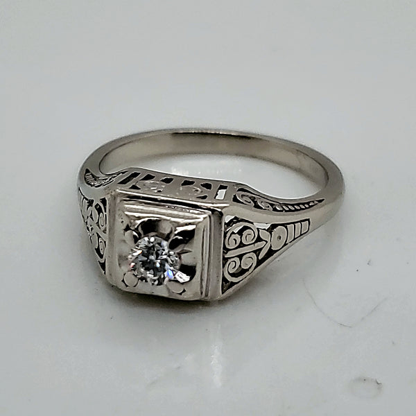 Art Deco style 14Kt White Gold .15 Carat Transitional Cut Diamond Engagement Ring