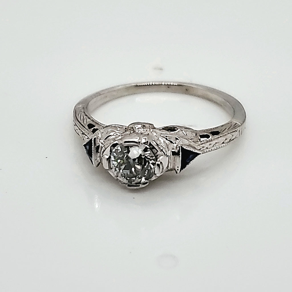 Art Deco 18kt White gold .48 Carat European Cut Diamond Engagement Ring