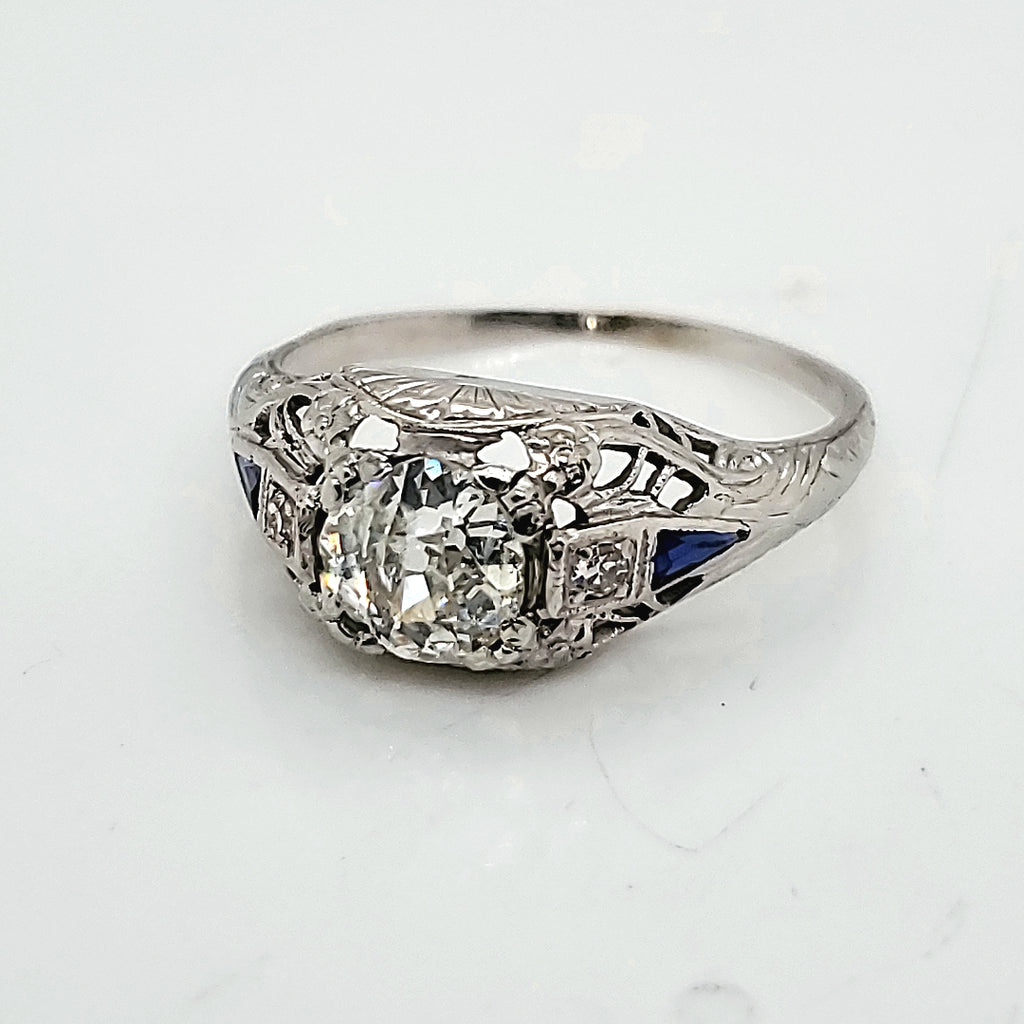 Art Deco .90 Carat European Cut Diamond Engagement Ring