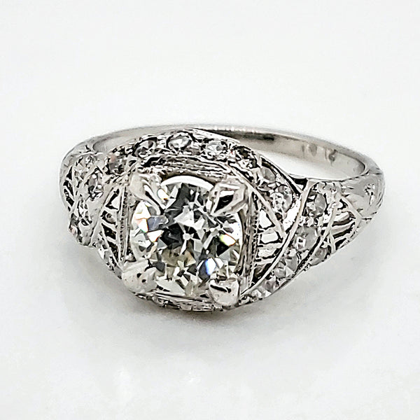 Art Deco Platinum 1.00 Carat European Cut Diamond Engagement Ring