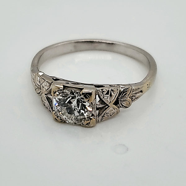 Art Deco 14Kt White Gold .75 Carat European Cut Diamond Engagement Ring