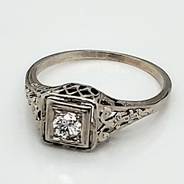 Art Deco 18kt White Gold .20 Carat European Cut Diamond Engagement Ring