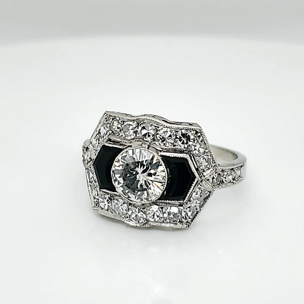 Platinum and Onyx .85 Carat Diamond Engagement Ring