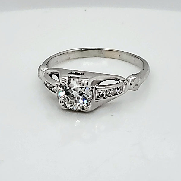 18Kt White Gold Art Deco .78 Carat European Cut Diamond Engagement Ring