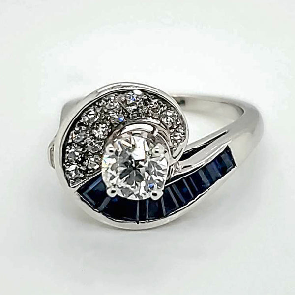 Vintage 1950s .72 Carat European Cut Diamond and Sapphire Engagement Ring