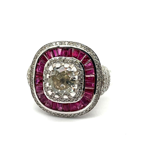 18kt White Gold 1.16Ct Old European Cut Diamond And Ruby Ring