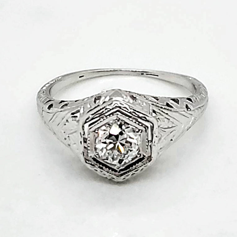 Art Deco 18Kt White Gold Filigree  .52 Carat Round European Cut Filigree Engagement Ring