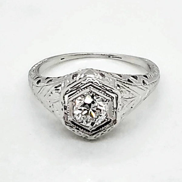 Art Deco 18Kt White Gold Filigree  .52 Carat Round European Cut Filigree Engagement Ring