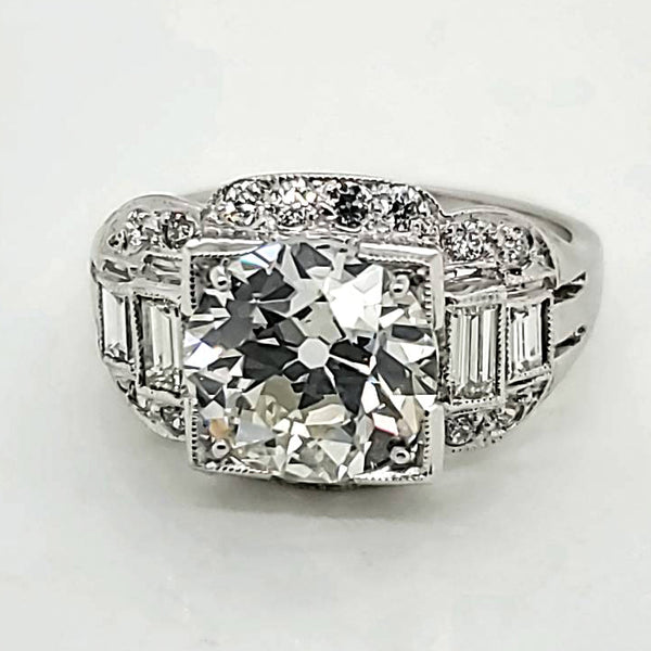 Platinum 3.02 Carat Round European Cut Diamond Art Deco Engagement Ring