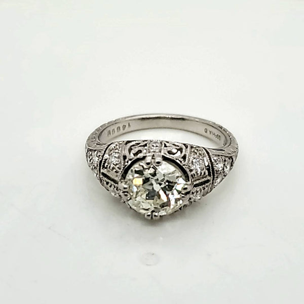 Platinum 1.20 Carat Round European Cut Diamond Art Deco Engagement Ring