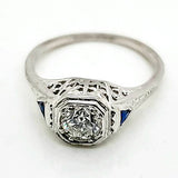 Art Deco .47 Carat Transitional Cut Diamond And Sapphire Engagement Ring