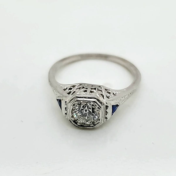 Art Deco .47 Carat Transitional Cut Diamond And Sapphire Engagement Ring