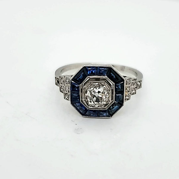 Platinum Mine Cut Diamond Engagement Ring with Sapphires