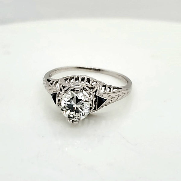.85 Carat Round European Cut Diamond 18kt White Gold and Sapphire Art Deco Engagement Ring